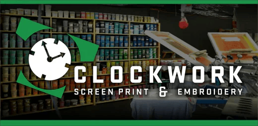 Clockwork Screen Print & Embroidery shop interior with supplies and equipment