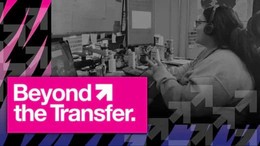 Person operating heat transfer equipment in workshop with "Beyond the Transfer" branding