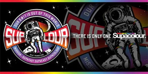 Supacolor heat transfer branding with astronaut imagery and tagline There is only one Supacolour